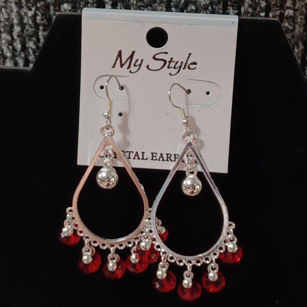 MY STYLE Silver-Toned Red Beaded Chandelier Earrings
